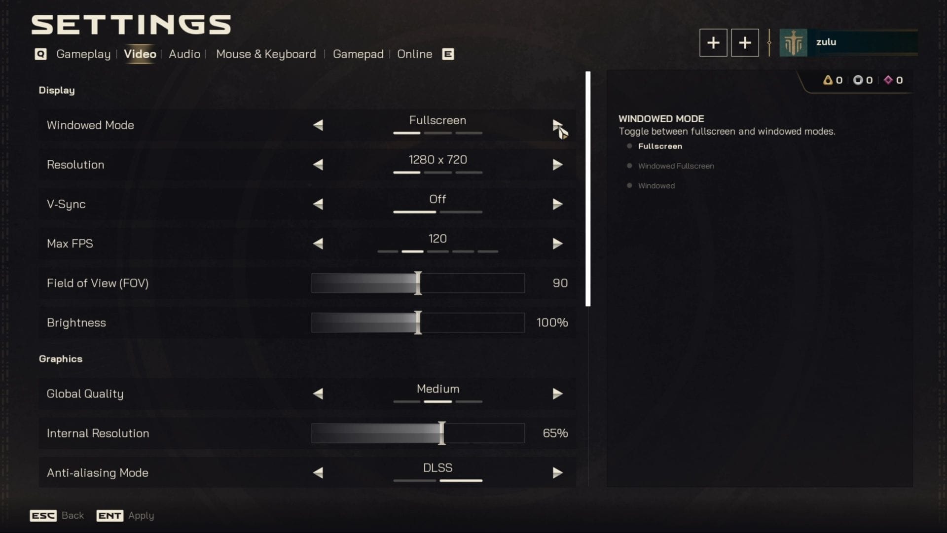 Video settings menu (Image via Wildlight Entertainment)