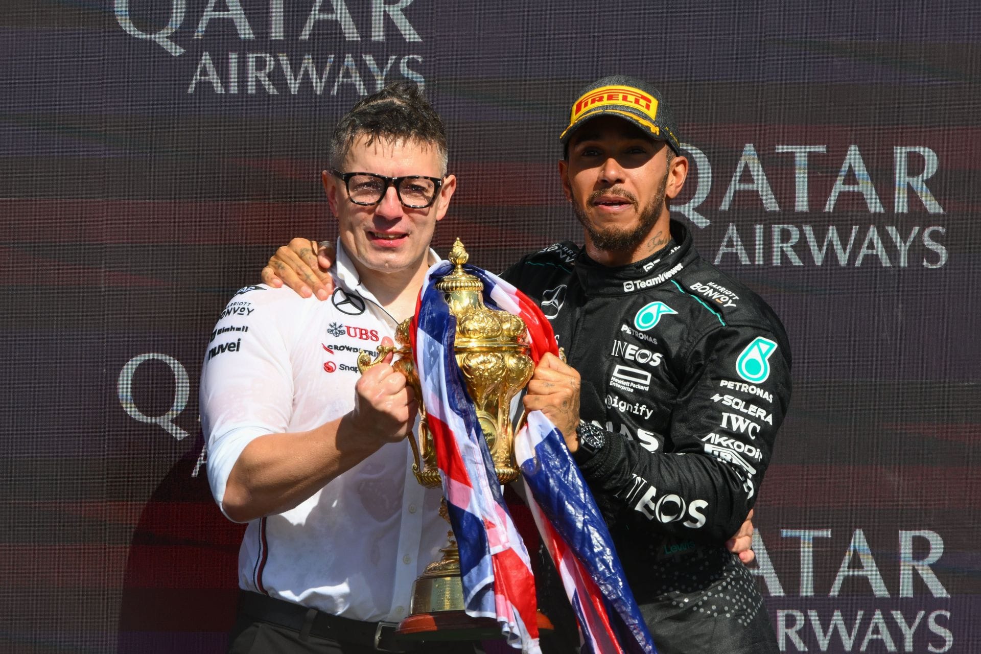 Lewis Hamilton and Peter Bonnington of Mercedes-AMG Petronas F1. Source: Getty