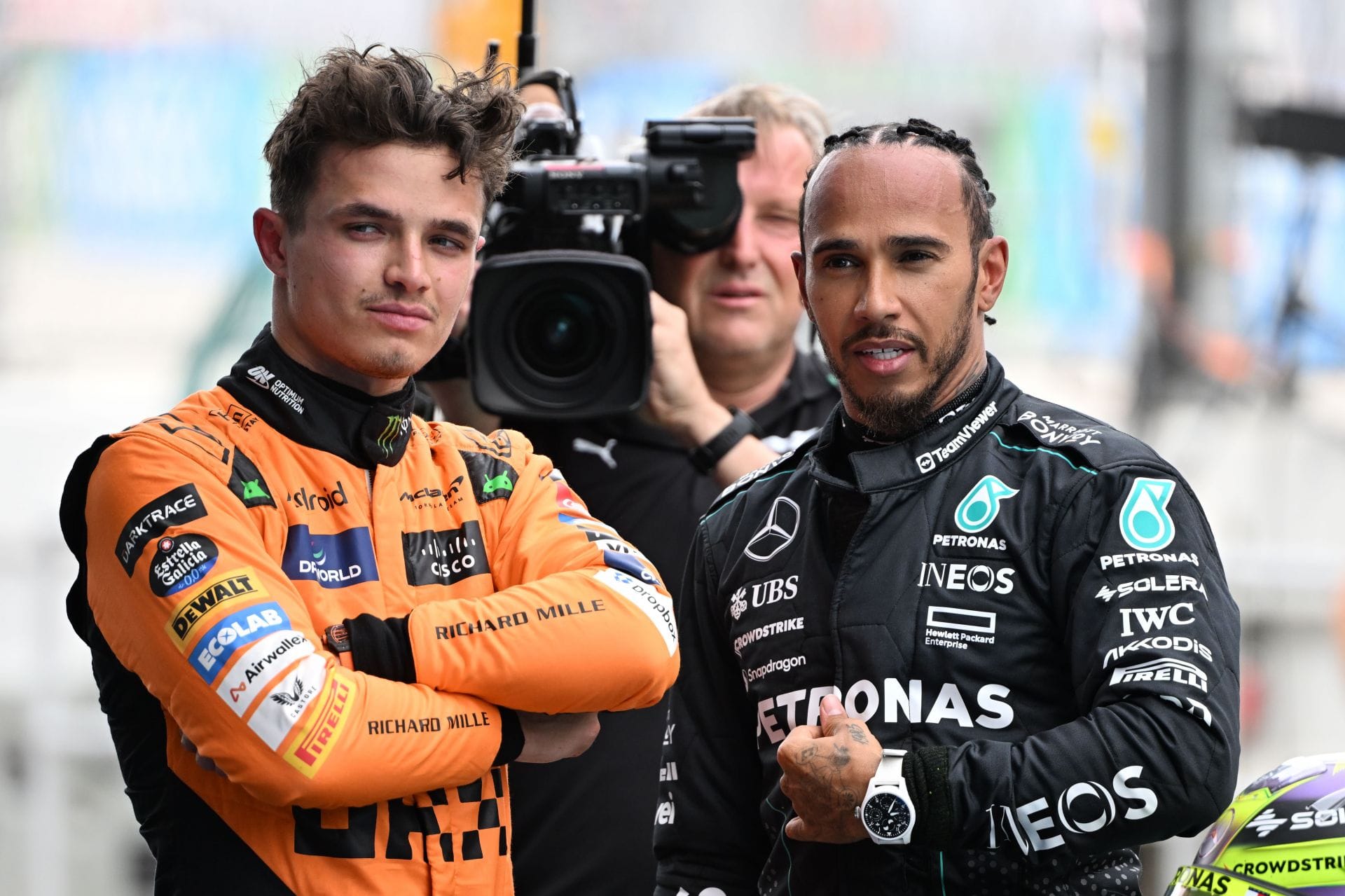 Lando Norris and Lewis Hamilton at the 2024 Spanish Grand Prix - Source: Getty