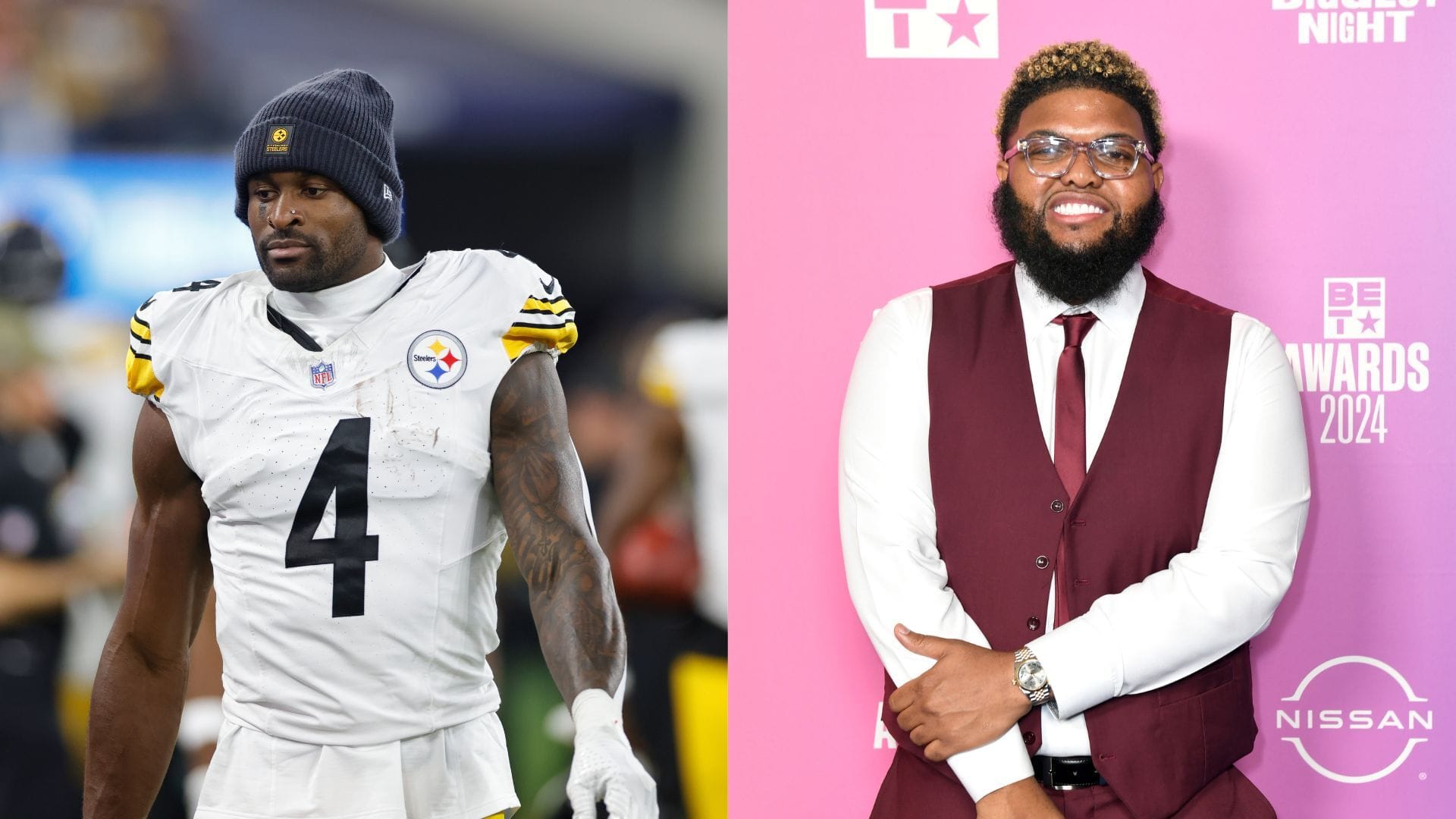DK Metcalf (left) celebrated his return with a Druski (right) video. (Credit: Jevone Moore/Icon Sportswire via Getty Images/Aaron J. Thornton/Getty Images for BET)