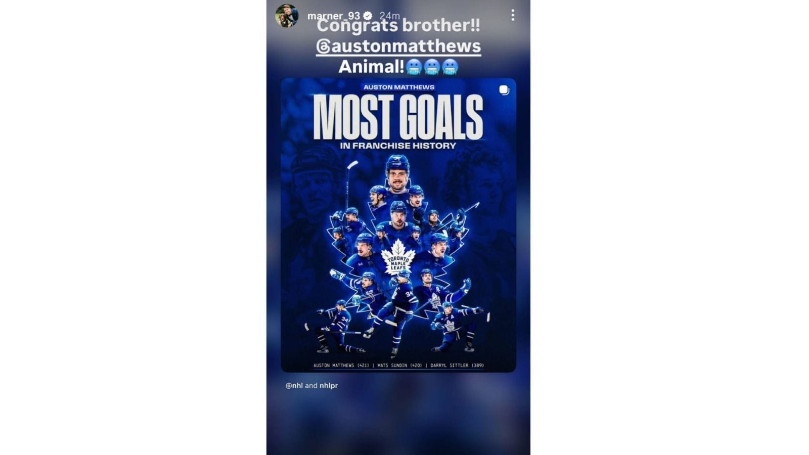 Mitch Marner reacts to Auston Matthews' Maple Leafs all-time goals scoring record