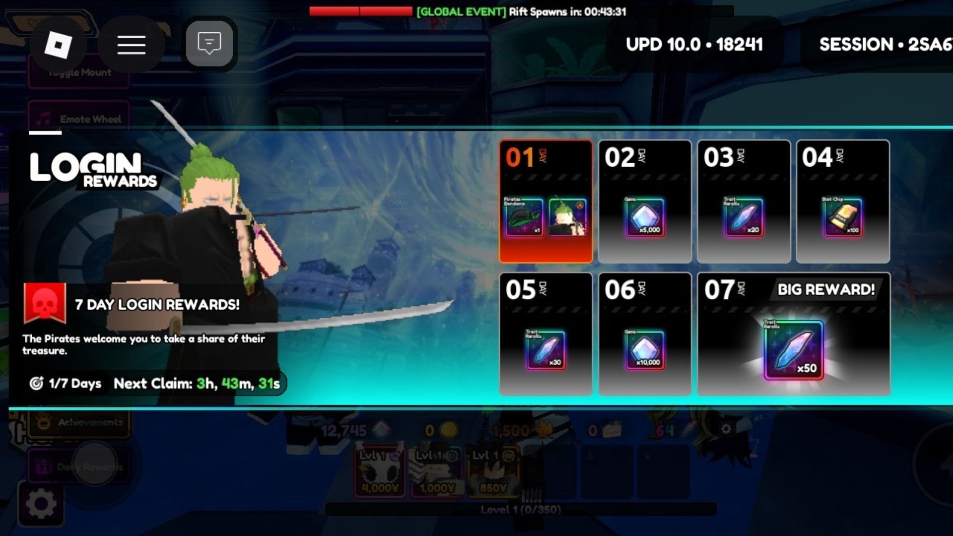 A Pirate's Welcome daily reward banner (Image via Roblox)