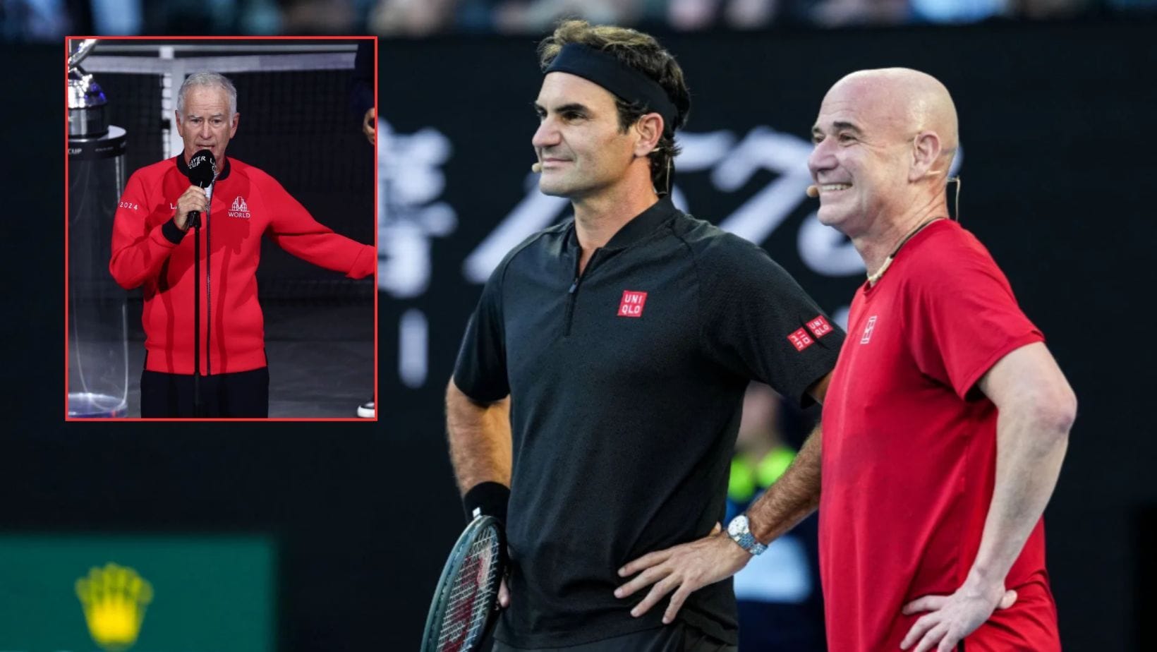 Andre Agassi forced to use John McEnroe’s racket during Australian Open opening event with Roger Federer after travel nightmare