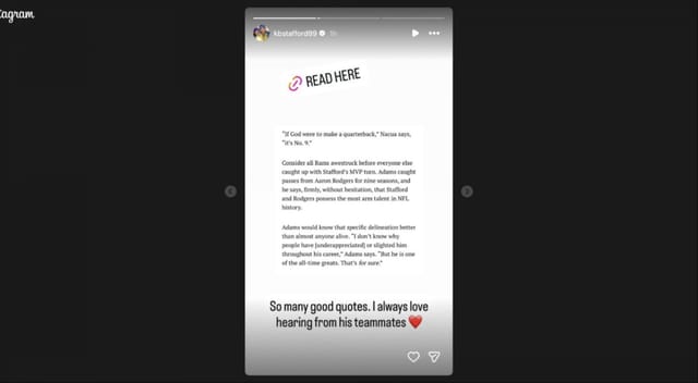 Matthew Stafford's wife Kelly's IG story