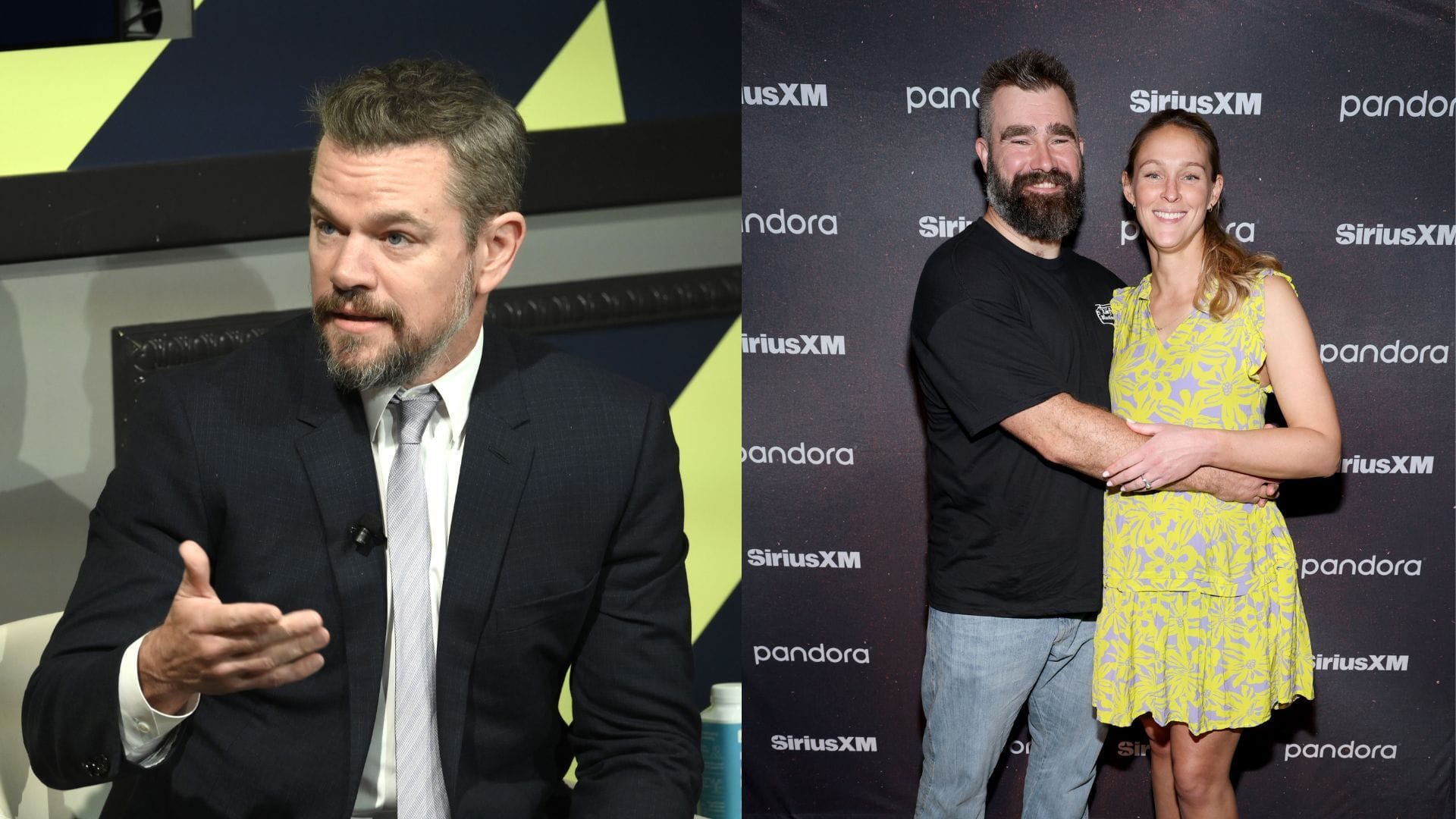 Matt Damon (left) reveals an opinion on Jason Kelce’s wife Kylie (right). (Credit: Gary Gershoff/Getty Images/Mike Coppola/Getty Images)