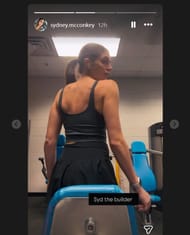 Ladd McConkey’s wife Sydney flexes back muscles in black tank top while showing off gym gains