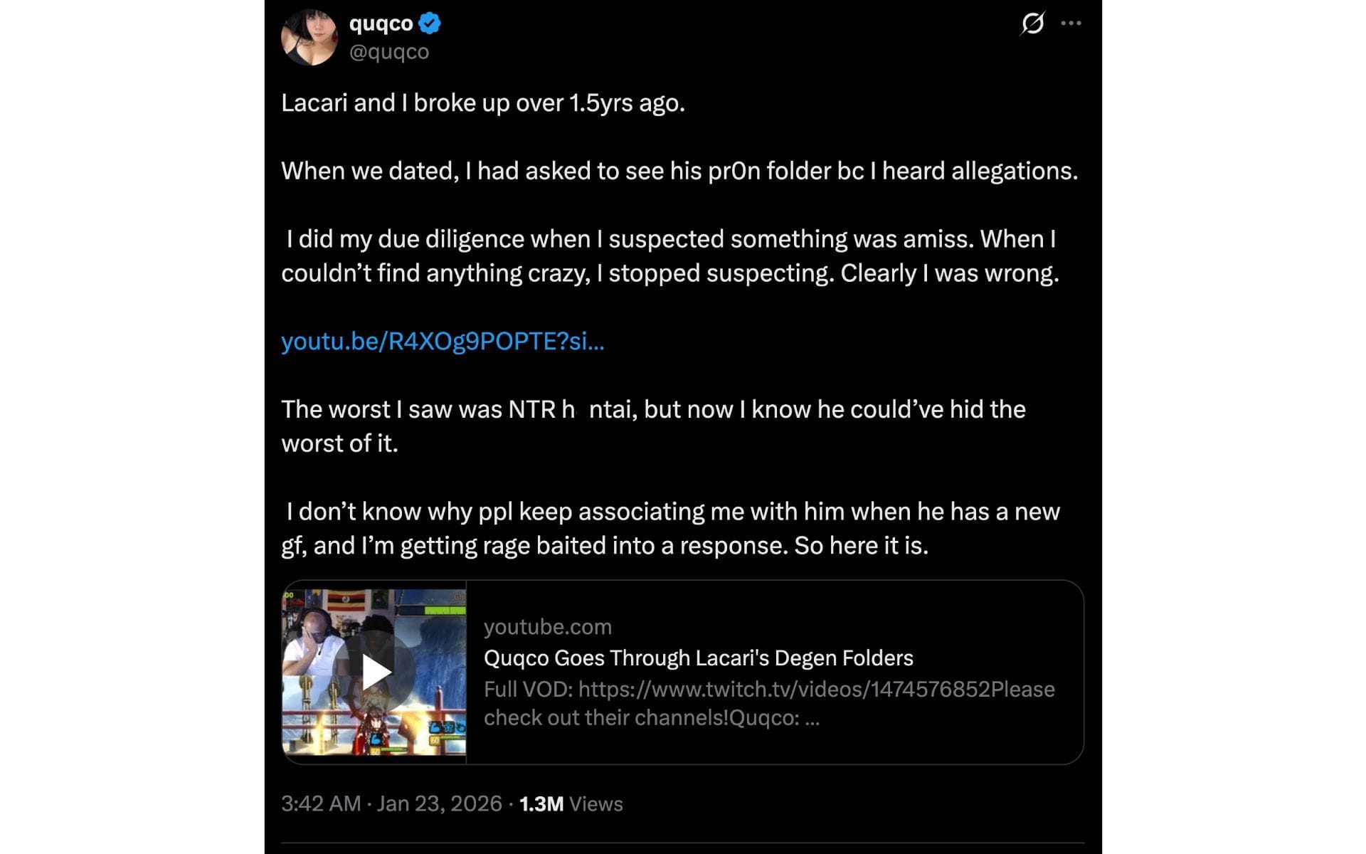 Twitch streamer Quqco's most recent X post (Image via X/@quqco)