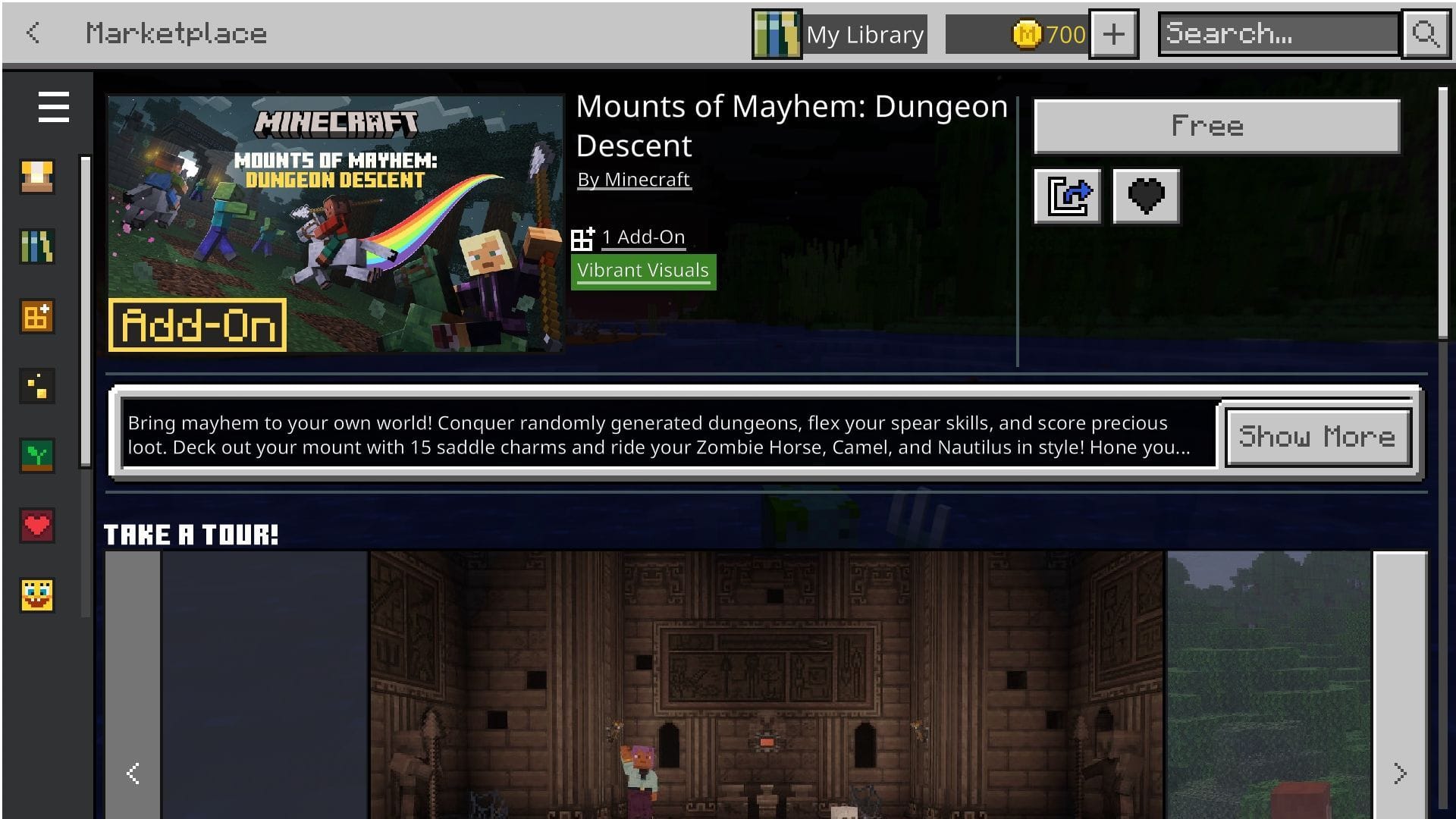 Head over to the Marketplace to obtain the Minecraft Mounts of Mayhem: Dungeon Descent add-on for free (Image via Sportskeeda Gaming || Mojang Studios)