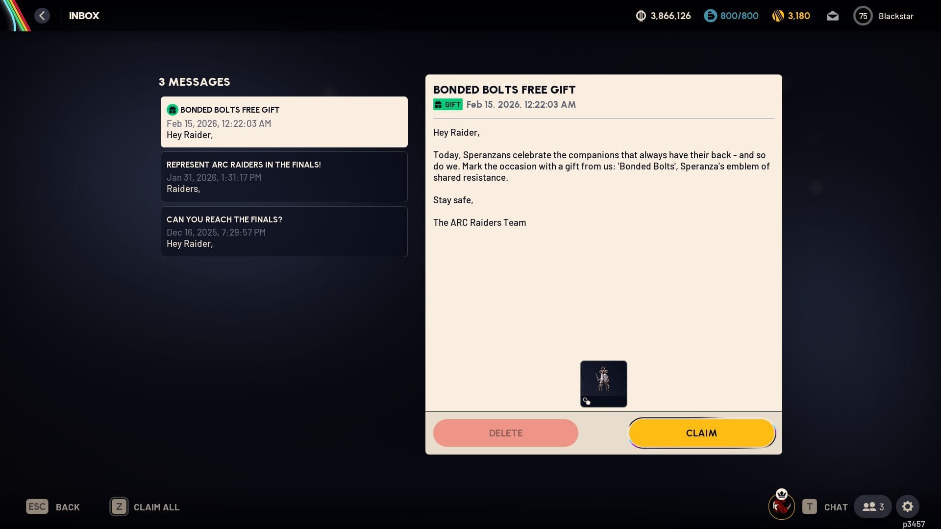 Bonded Bolts Backpack Charm Charm in ARC Raiders (Image via SK Gaming || Embark Studios)