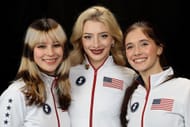 Alysa Liu, Amber Glenn, and Isabeau Levito pose for a portrait after making the United States Figure Skating Olympic Team. (Photo by Getty Images)