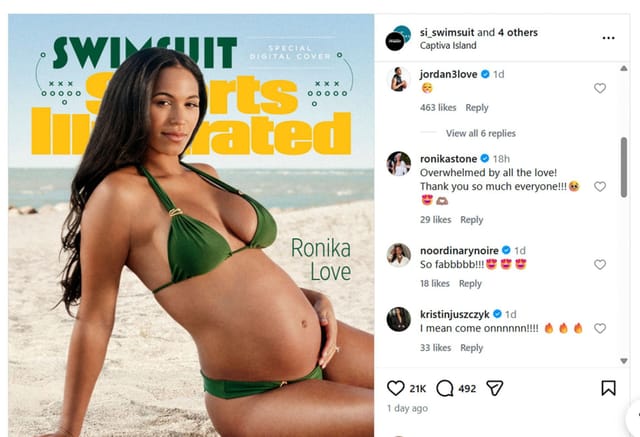 Love swoons over pregnant wife Ronika's green swimsuit picture as she makes her Sports Illustrated debut