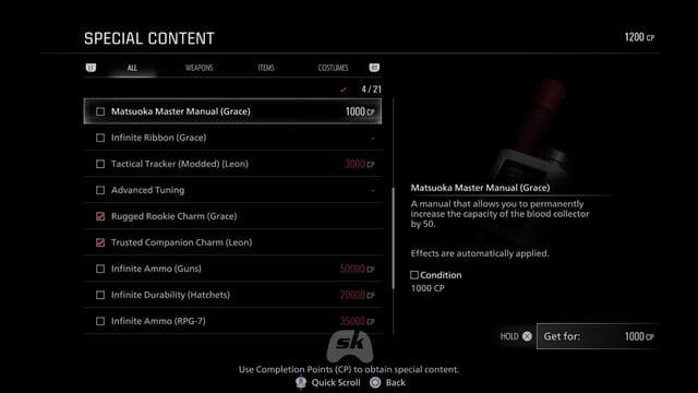 You can also purchase the manual using CP to increase the Blood Collector&rsquo;s limit (Image via Sportskeeda Gaming || Capcom)