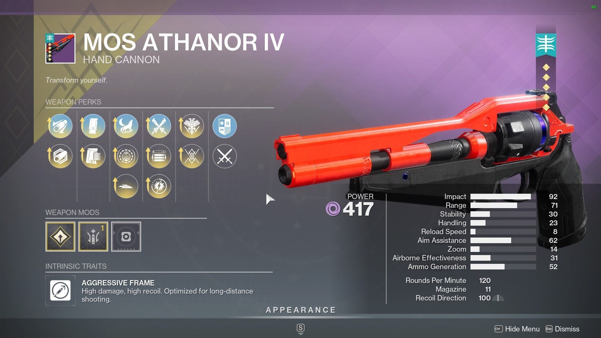 Destiny 2 Mos Athanor IV god roll for PvP (Image via Bungie)