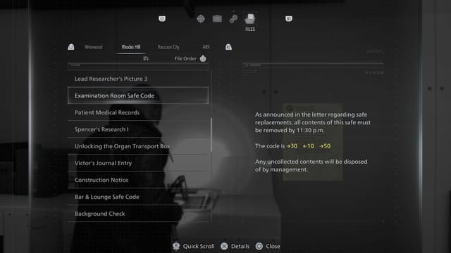 Código do cofre da sala de exames em Rhodes Hill (Imagem via Sportskeeda Gaming || Capcom)