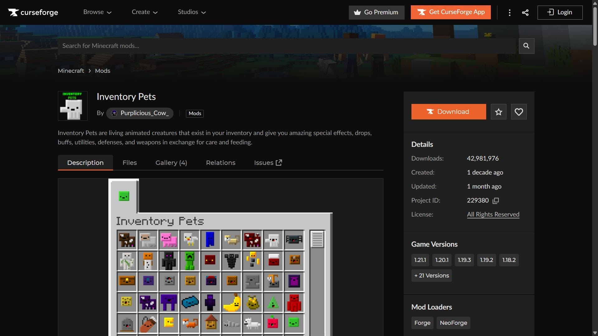 Inventory Pets can be downloaded from the CurseForge website (Image via CurseForge/Purplicious_Cow_)