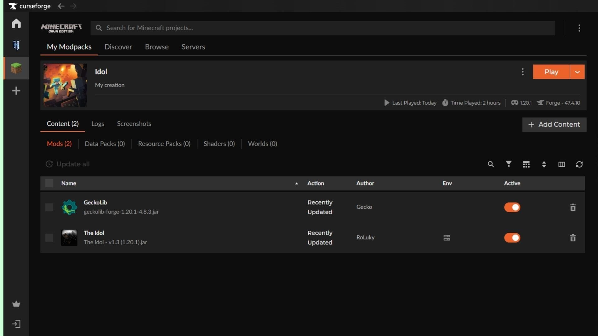 Use the Curseforge launcher to download and install the Idol Minecraft mod (Image via Sportskeeda Gaming || Mojang Studios/Roluky)