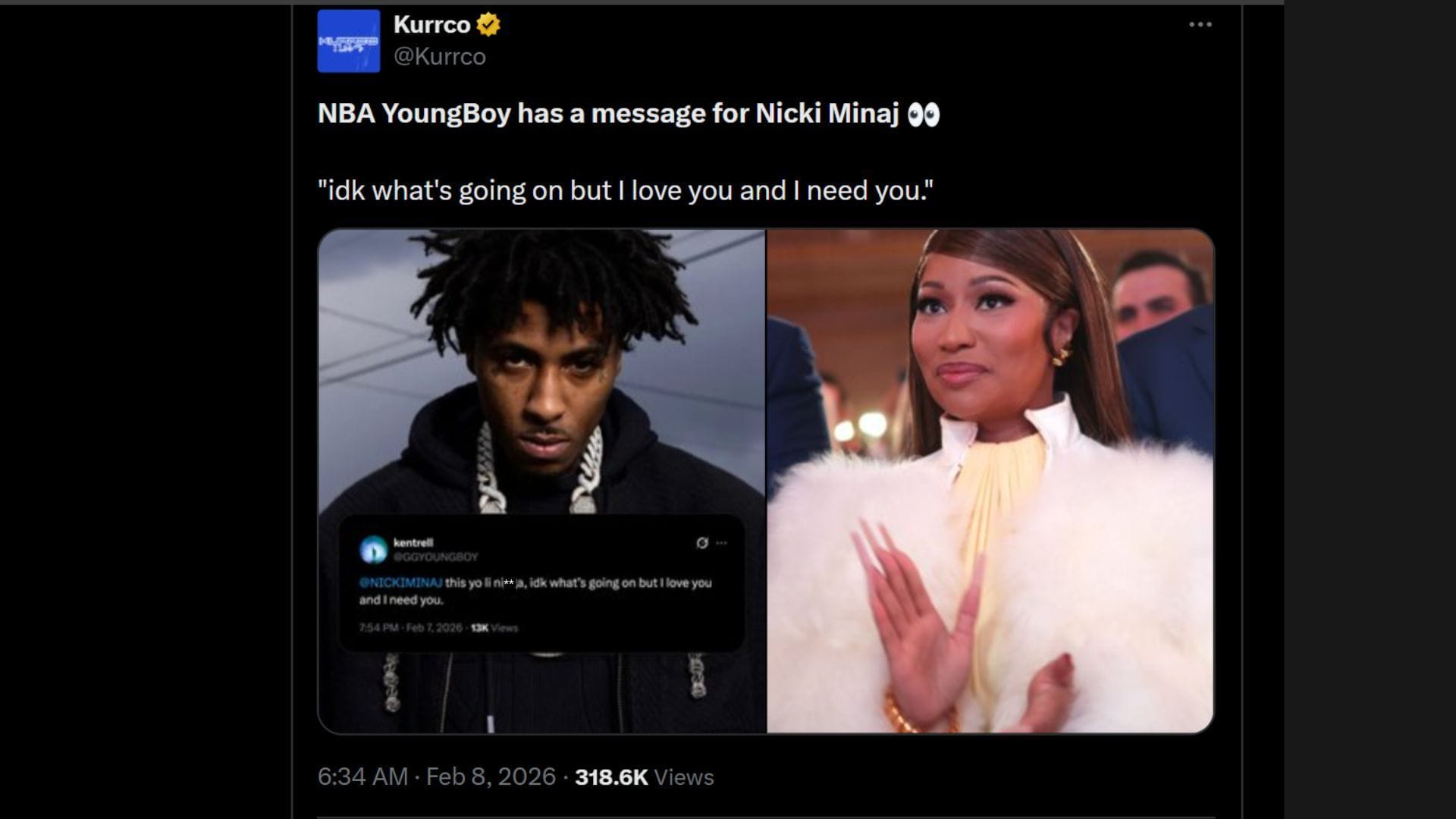 NBA YoungBoy's tweet for Nicki Minaj (image via X/@Kurrco)