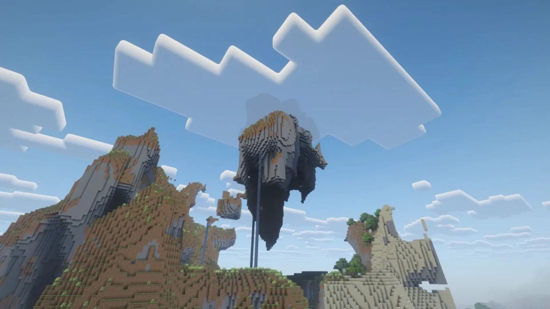 A Minecraft player found a floating mountain with a village (Image via Reddit/estradying | Mojang Studios)