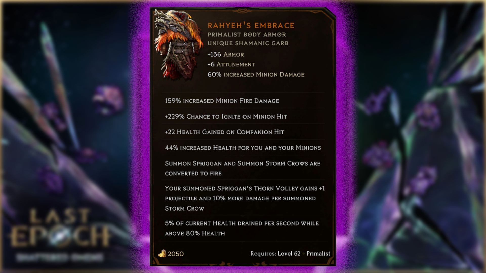 Rahyeh's Embrace is a breastplate designed to improve the Primalist's minion skills (Image via Eleventh Hour Games)