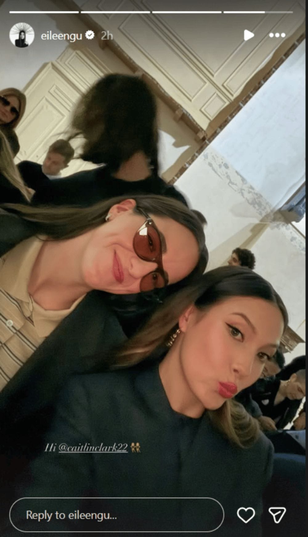 Eileen Gu offers rare glimpse of Prada front-row seat alongside Caitlin Clark at Milan Fashion Week shortly after Olympic success