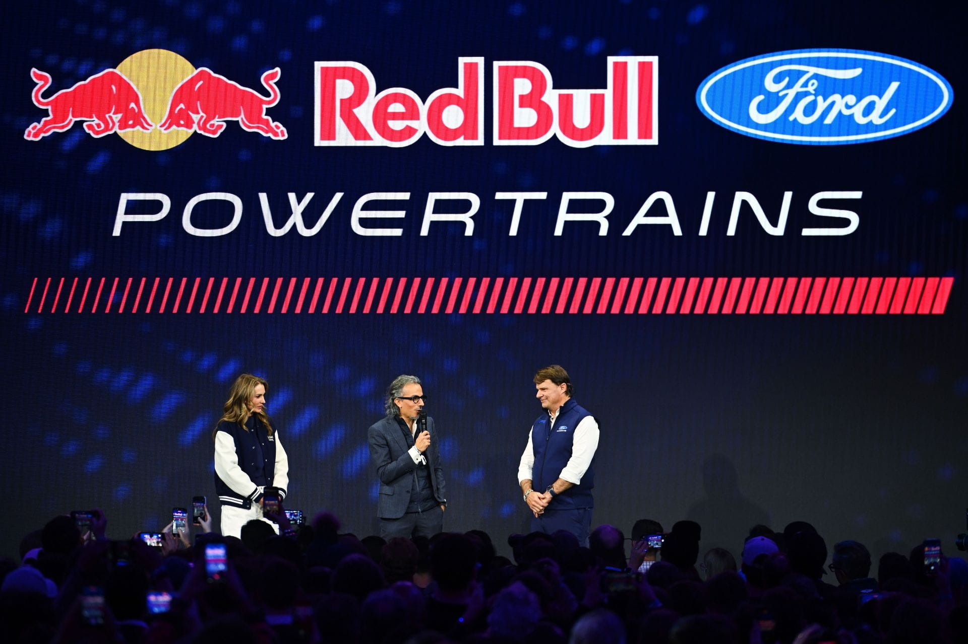 Laurent Mekies and Ford CEO Jim Farley during the 2026 car launch. Source: Getty