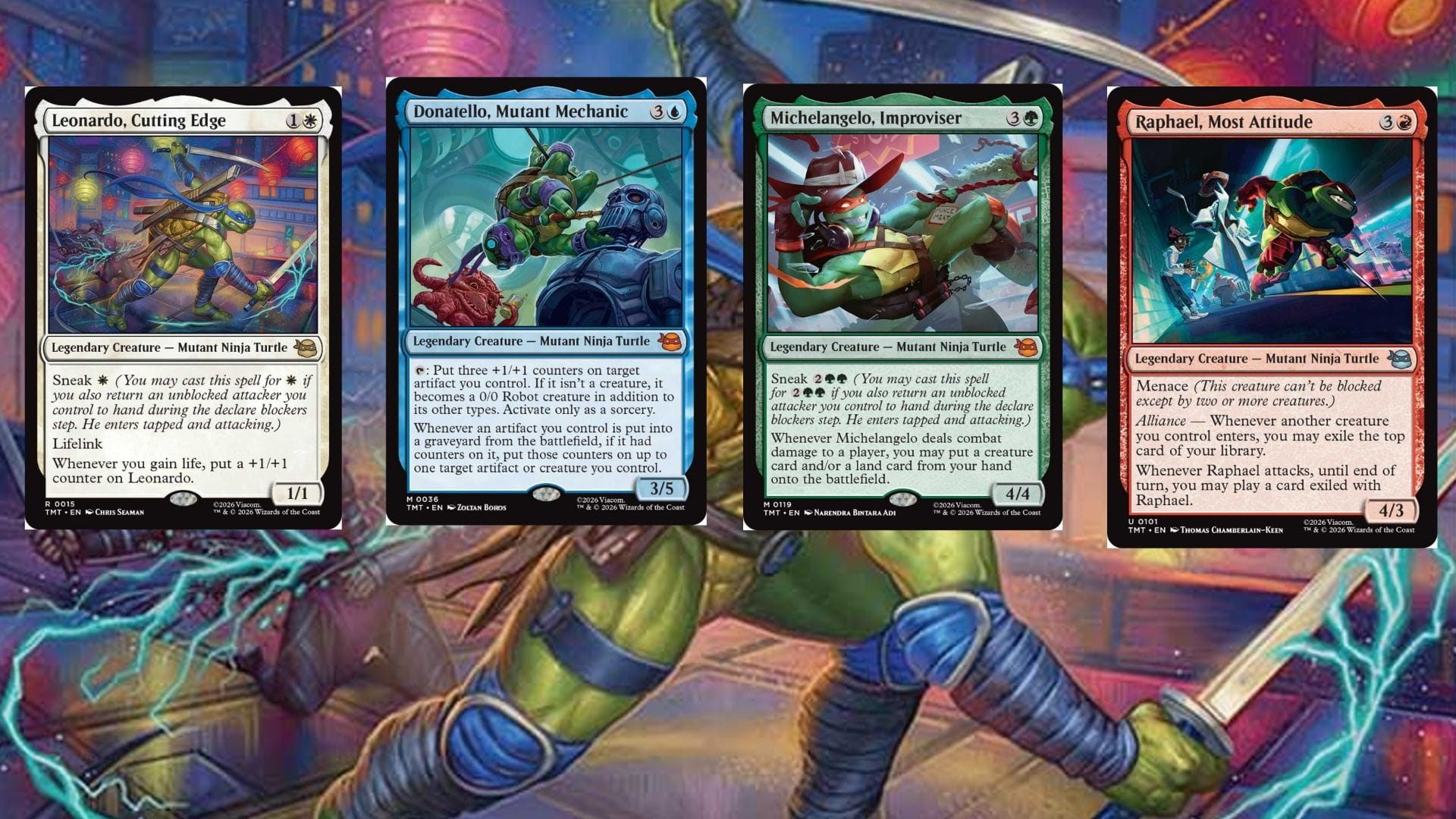 Left to Right: Leonardo Cutting Edge, Donatello Mutant Mechanic, Michelangelo Improviser, Raphael Most Attitude (Image via Wizards of the Coast)