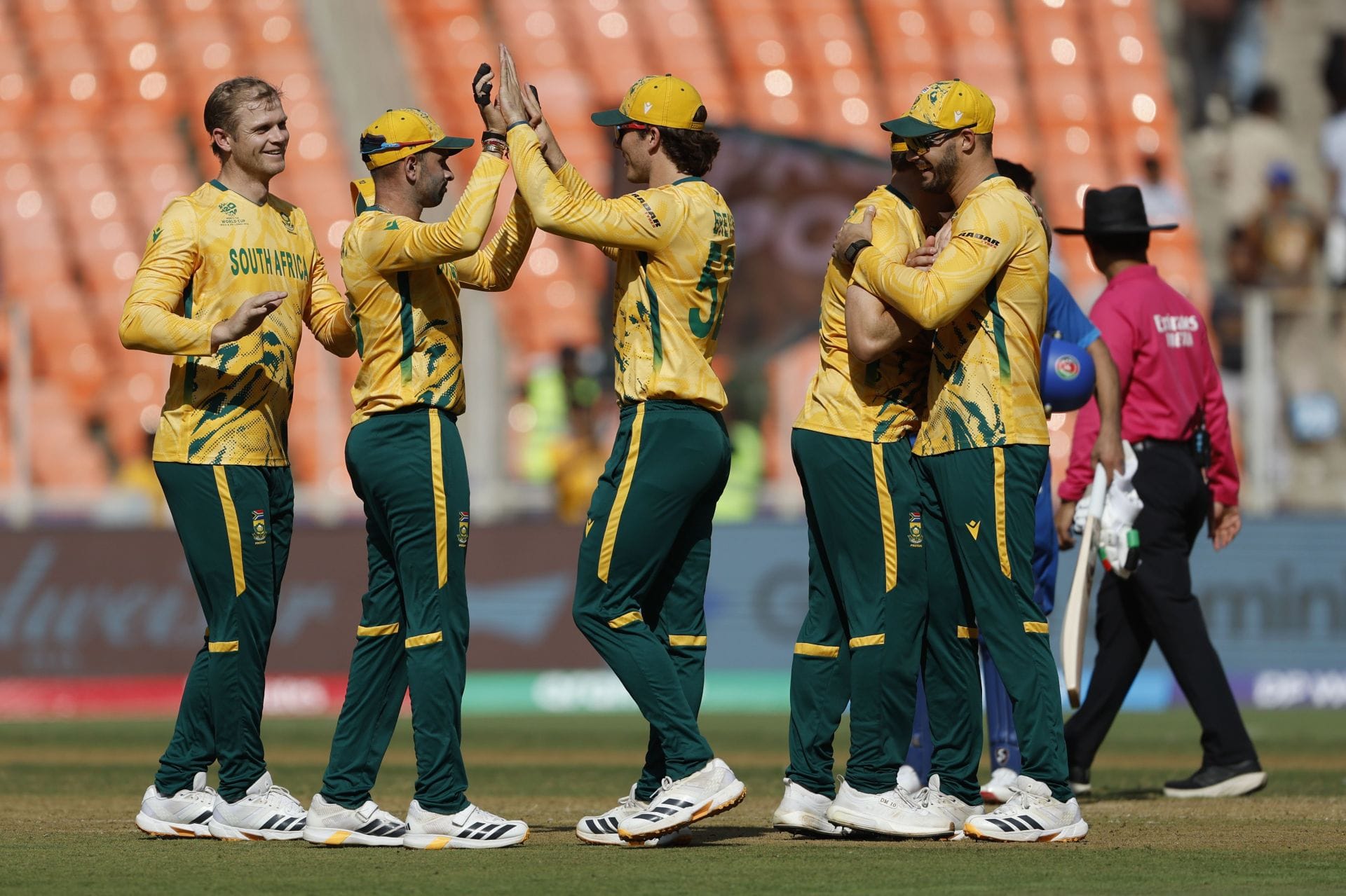 South Africa celebrates victory over Afghanistan. (Source: Getty)