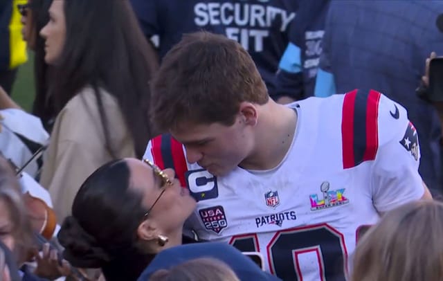 WATCH: Drake Maye and wife Ann Michael continue pregame ritual as they kiss ahead of Patriots vs. Seahawks Super Bowl kickoff