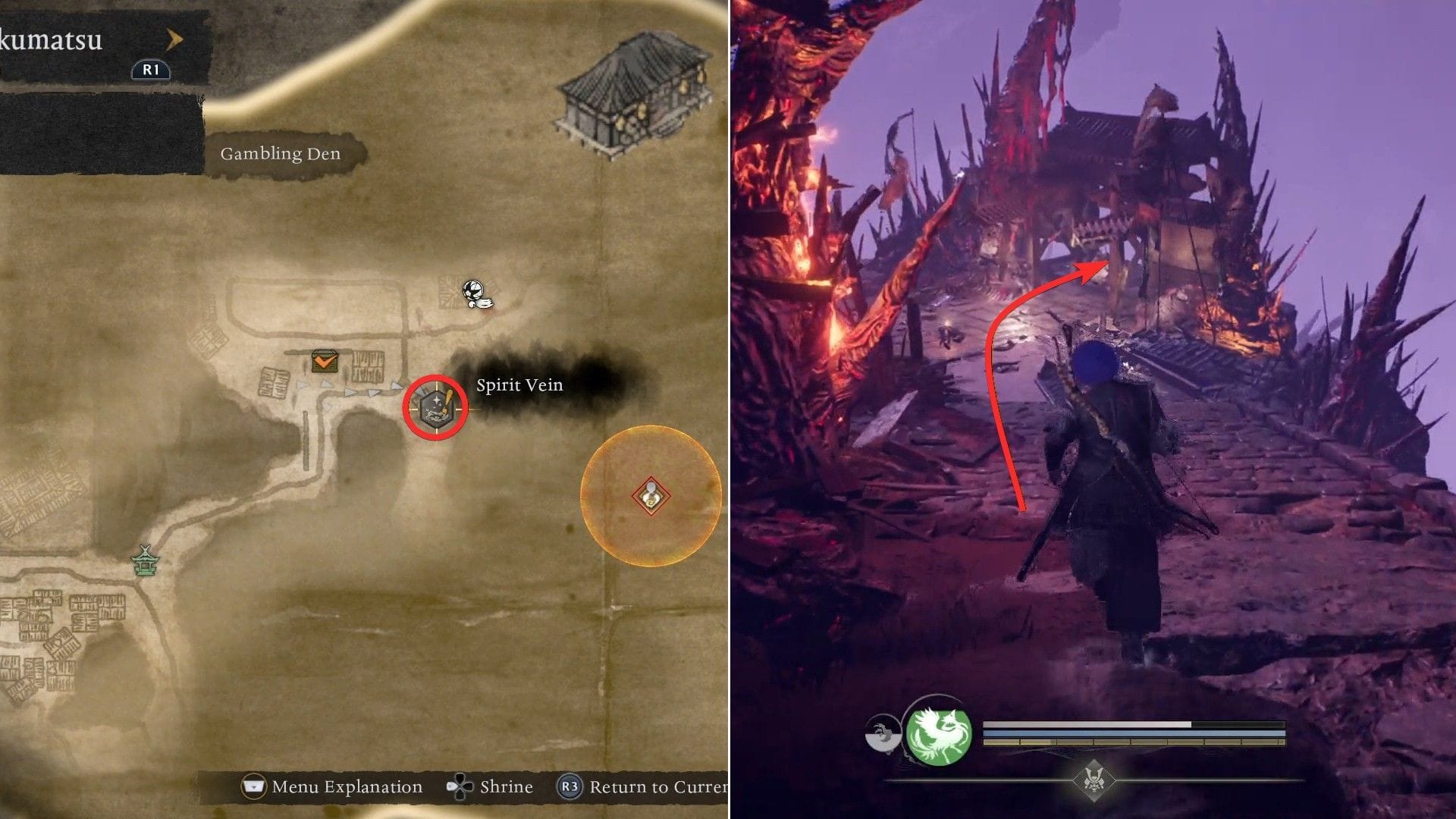 Use the spiritual veins here to extend downwards (Image from Koei Tecmo)