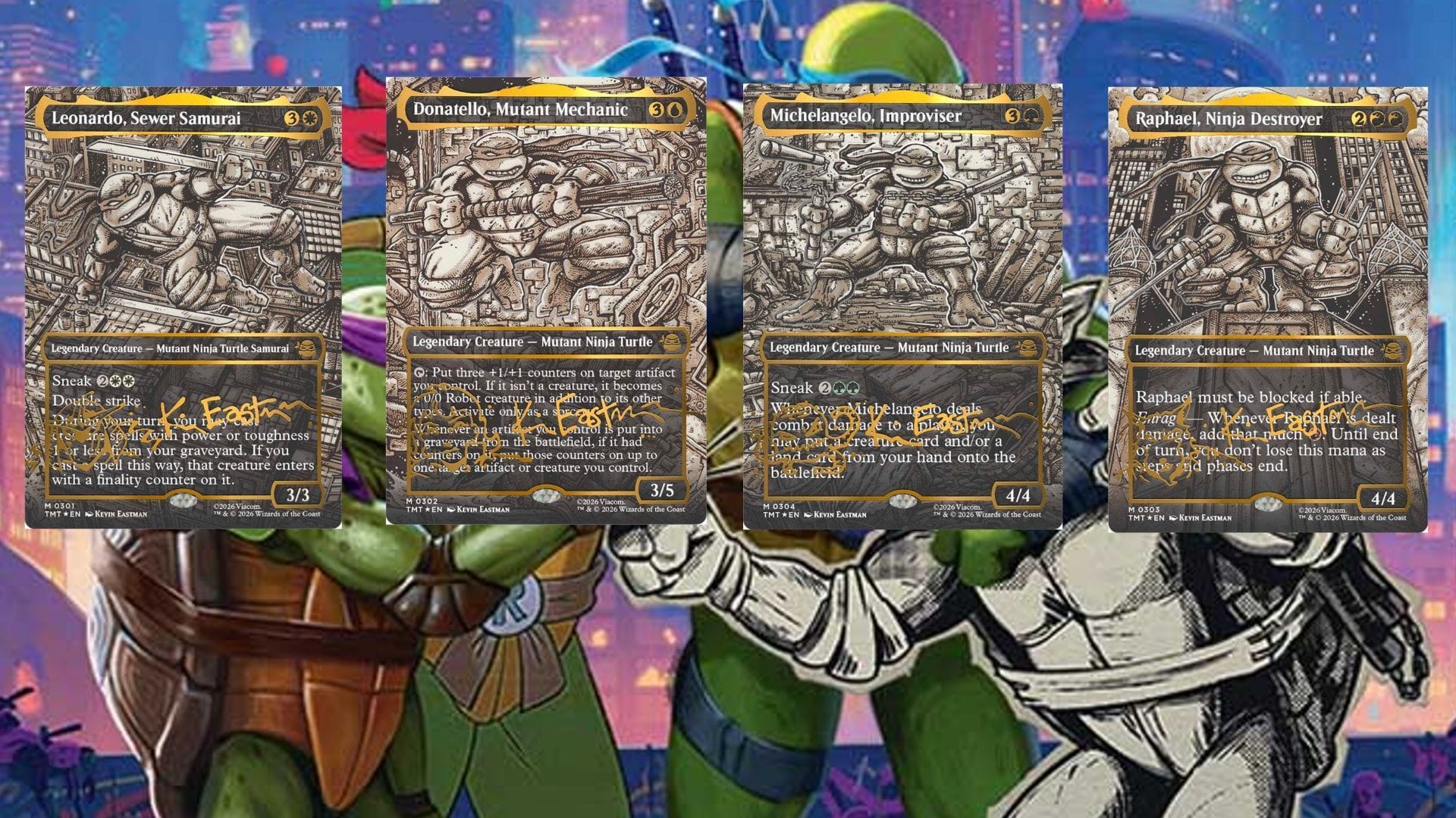 Left to Right: Leonardo Sewer Samurai, Donatello Mutant Mechanic, Michelangelo Improviser, Raphael Ninja Destroyer (Image via Wizards of the Coast)
