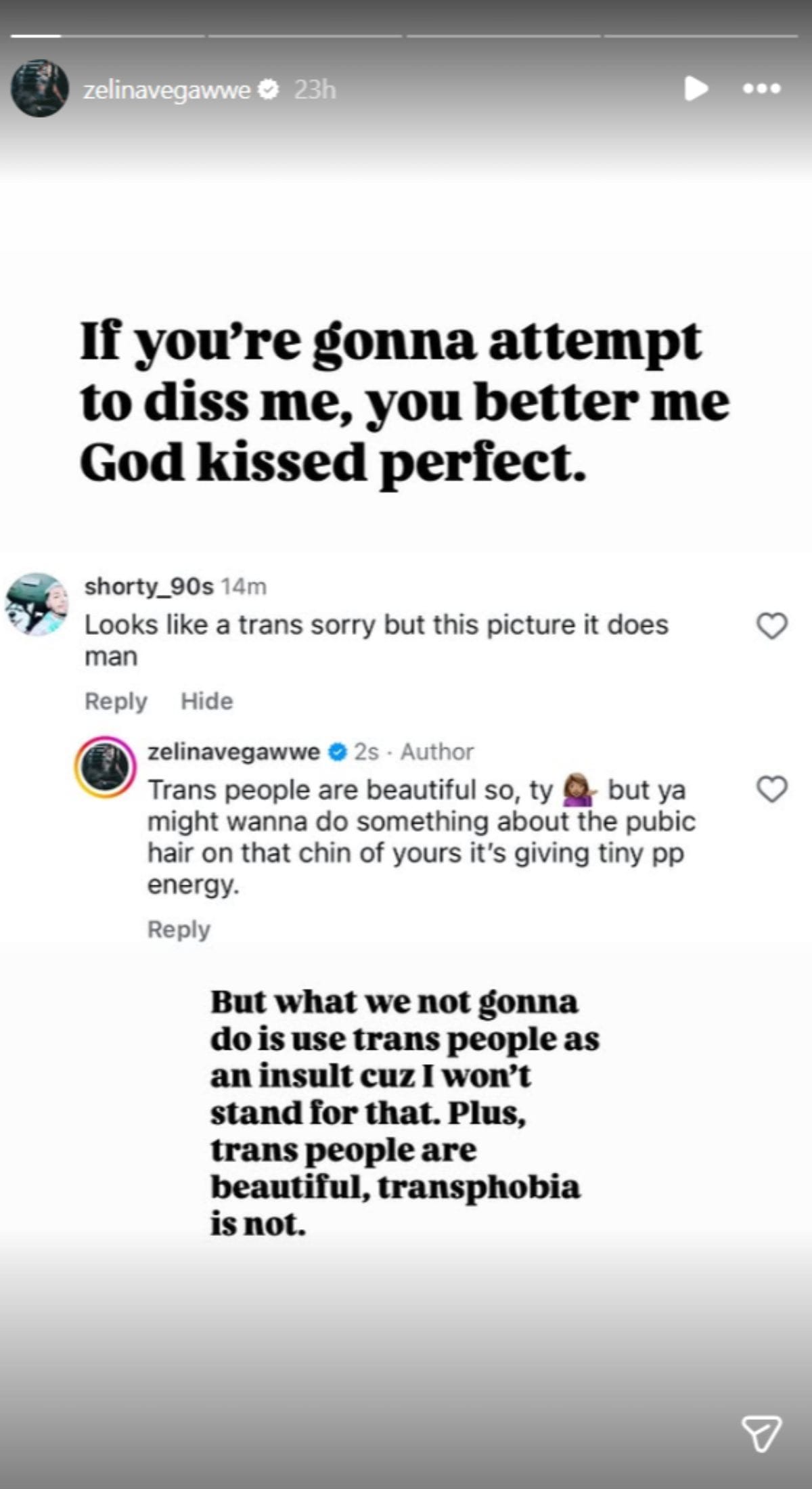 Zelina Vega fired back at a fan (screenshot via @zelinavegawwe on Instagram)