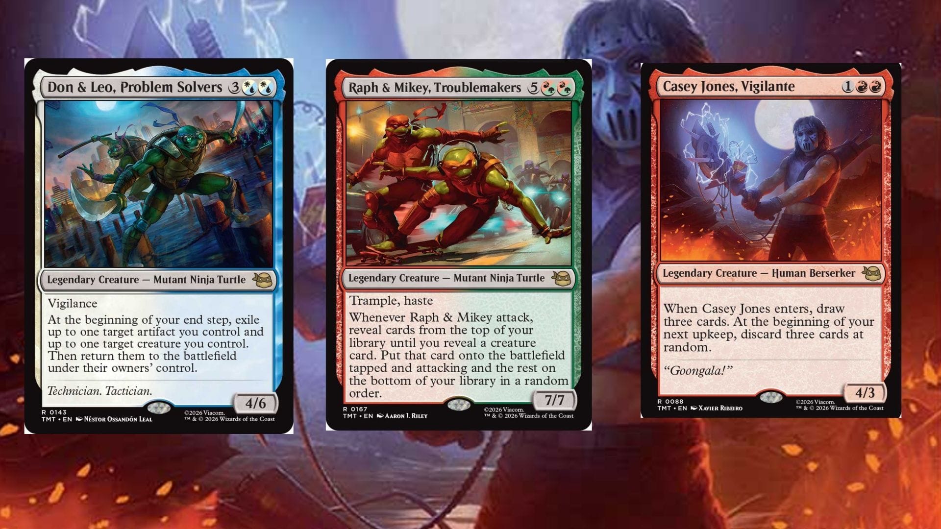 Left to right: Don & Leo Problem Solvers, Raph & Mikey Troublemakers, Casey Jones Vigilante (Image via Wizards of the Coast)