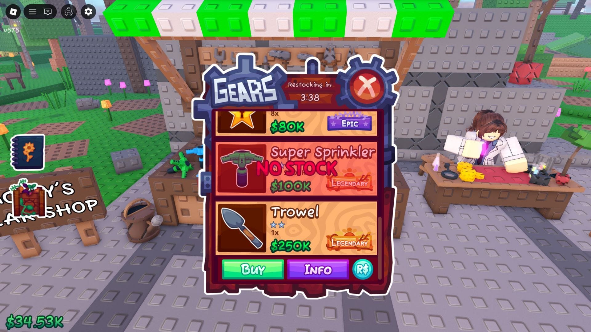 Buy the Trowel from Molly's Gear Shop, located in the hub area (Image via Roblox)