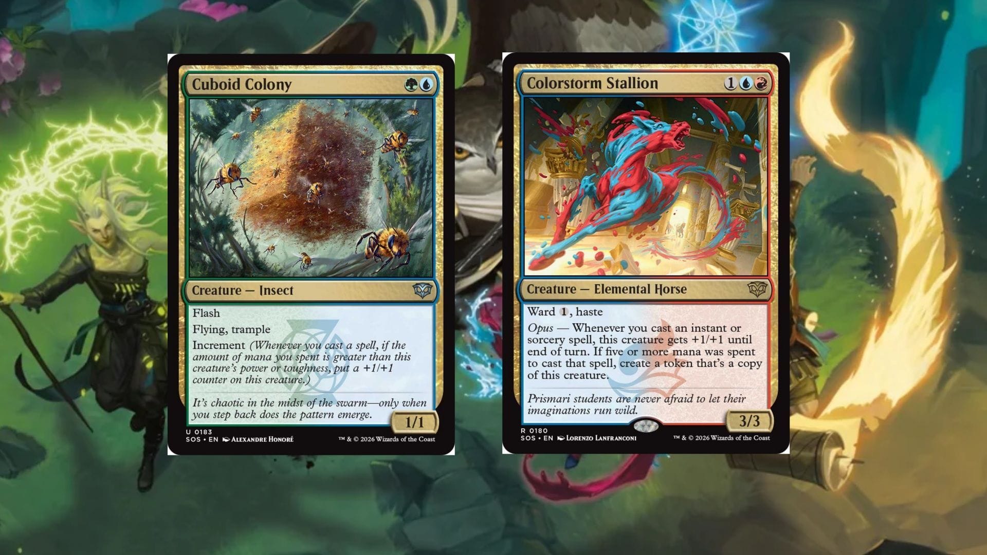 Left: Cuboid Colony. Right: Colorstorm Stallion (Image via Wizards of the Coast)