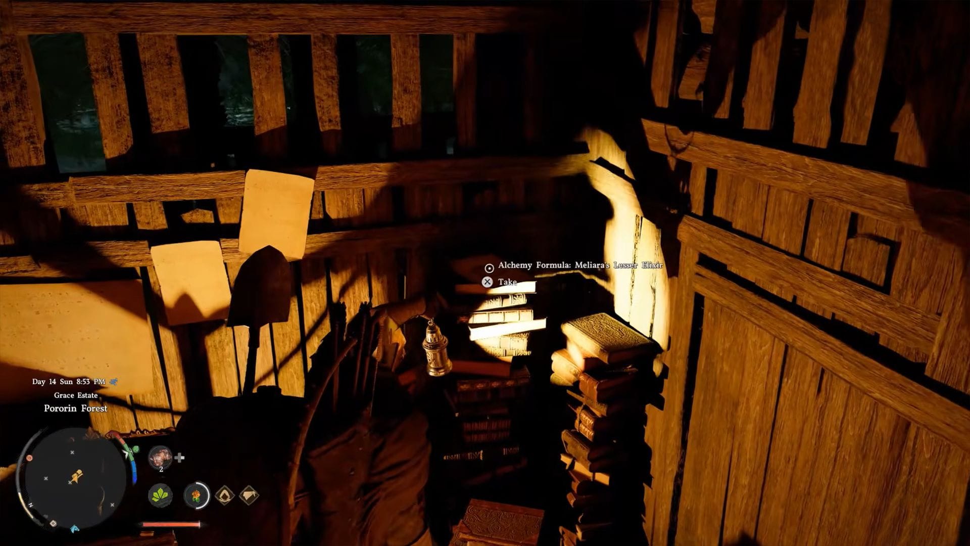 The Alchemy Recipe for Meliara’s Lesser Elixir is on top of the tallest stack of books (Image via Pearl Abyss)