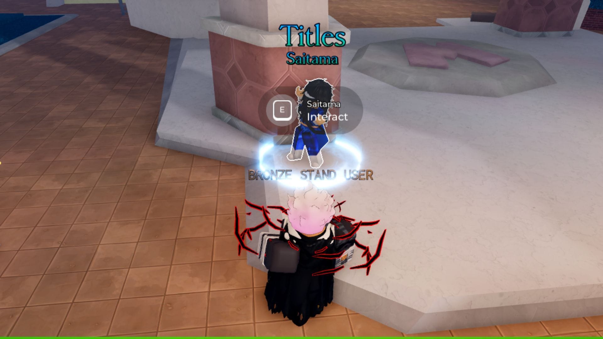 The Saitama NPC outside Morioh Station (Image via Roblox)