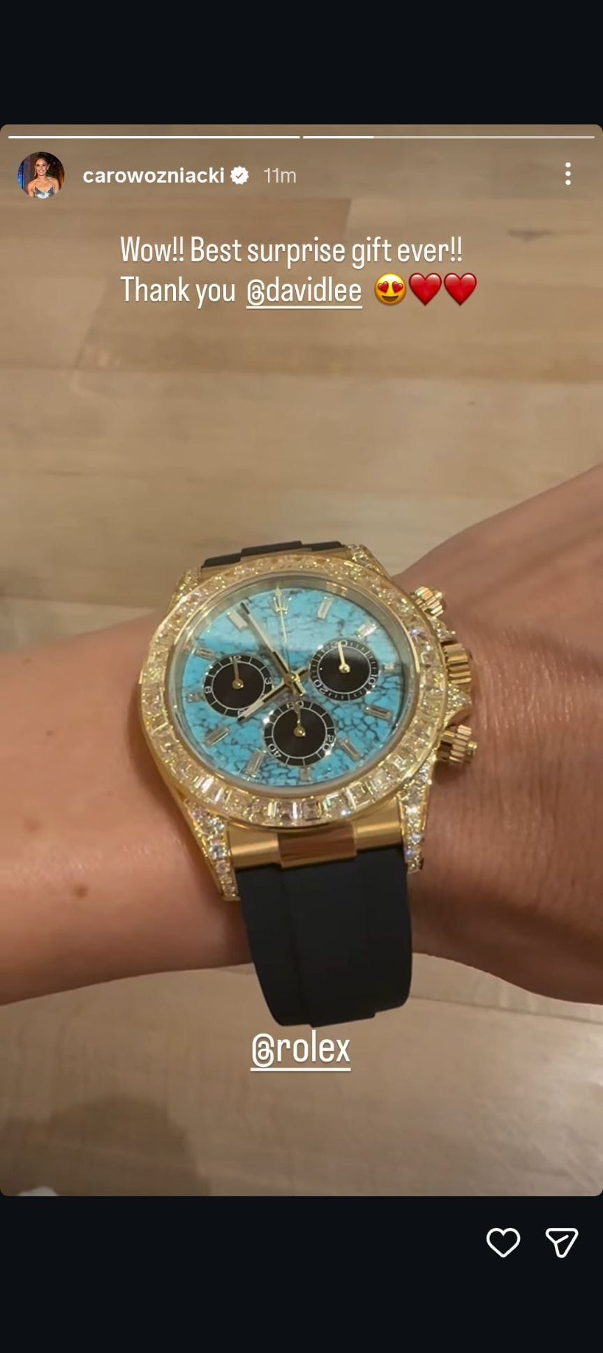 Caroline Wozniacki showcasing her watch (Source: Instagram/@carowozniacki)
