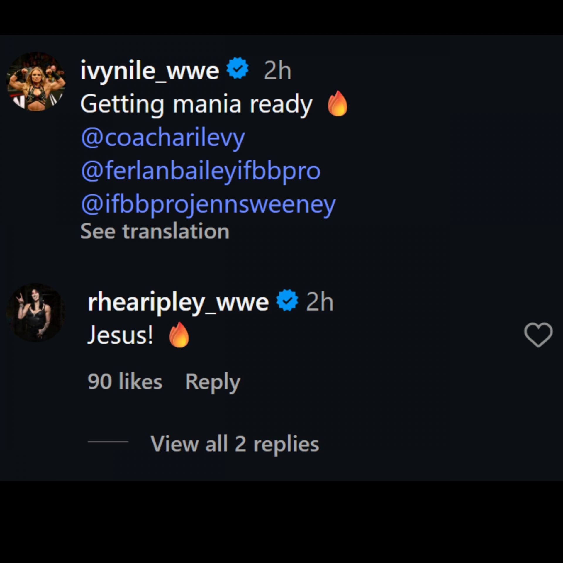 Rhea Ripley's comment on Ivy Nile's post (Image via Instagram/@ivynile_wwe)