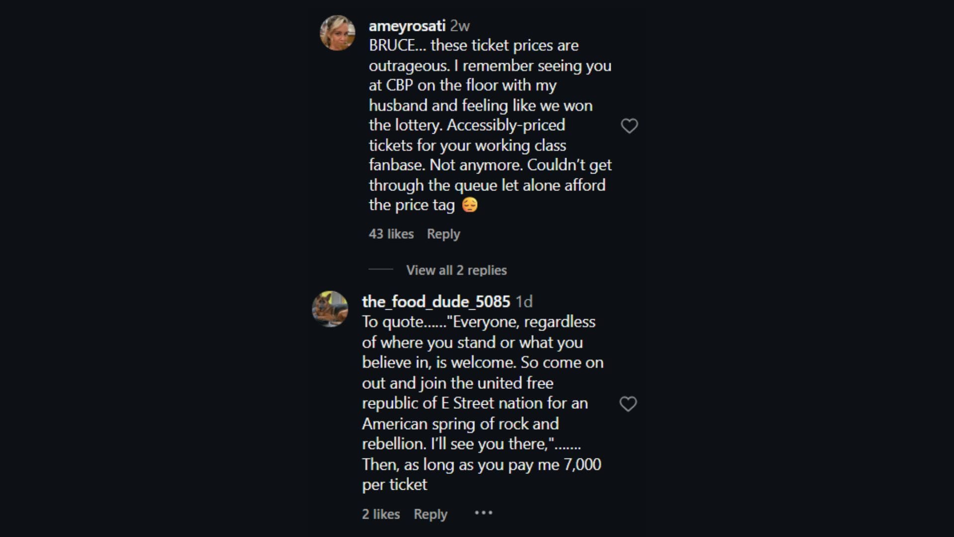 Fans call out Bruce Springsteen for seemingly non-inclusive pricing of tour tickets(Image via Instagram/@springsteen)