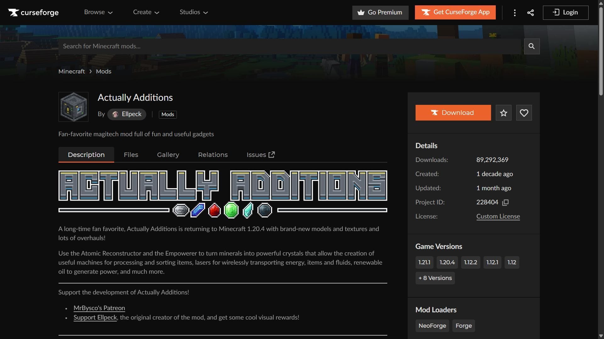This mod can be downloaded from the CurseForge website (Image via CurseForge/@Ellpeck)