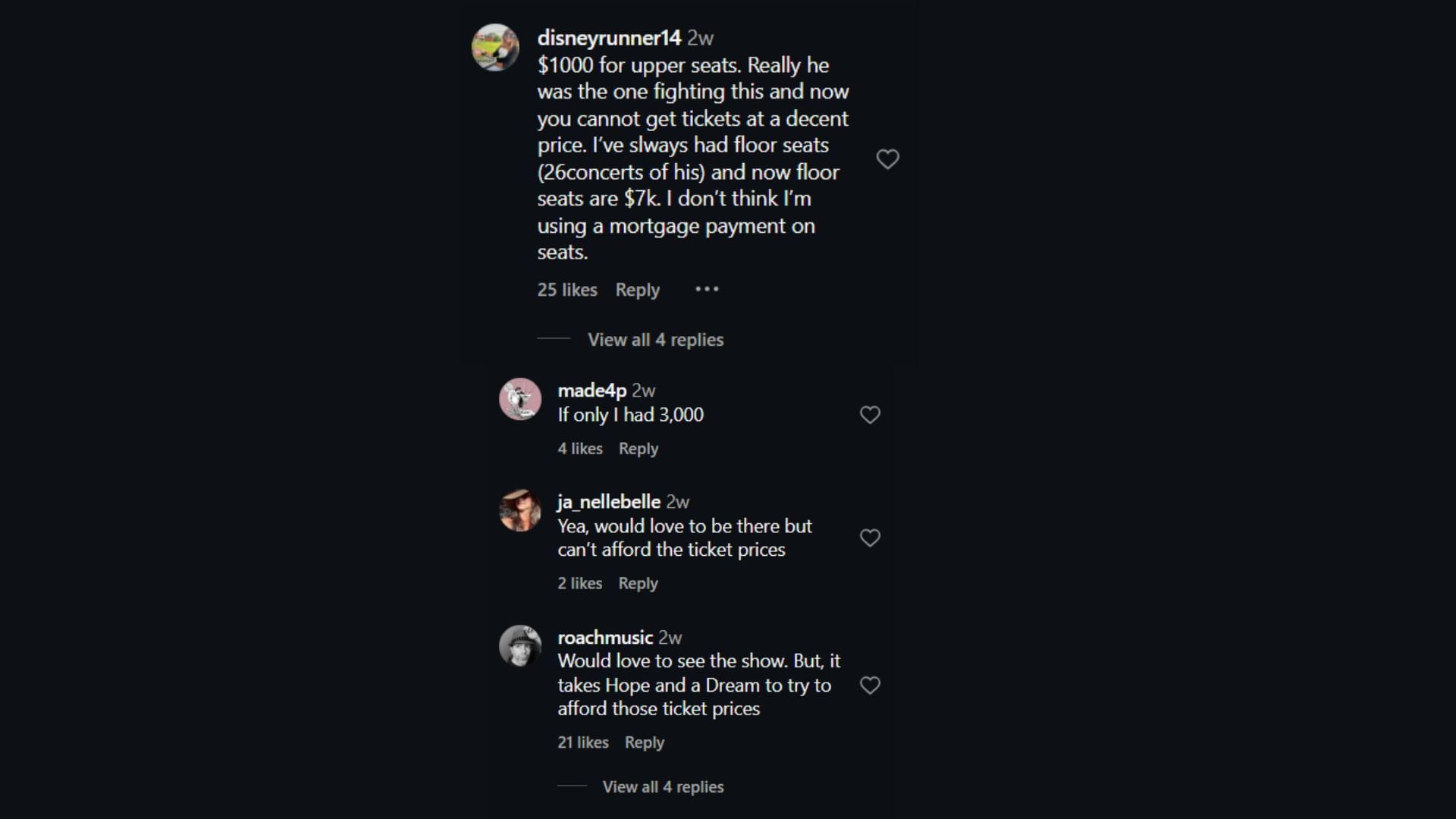 Many fans commented that the tickets were too expensive, even for long-time fans (Image via Instagram/@springsteen)