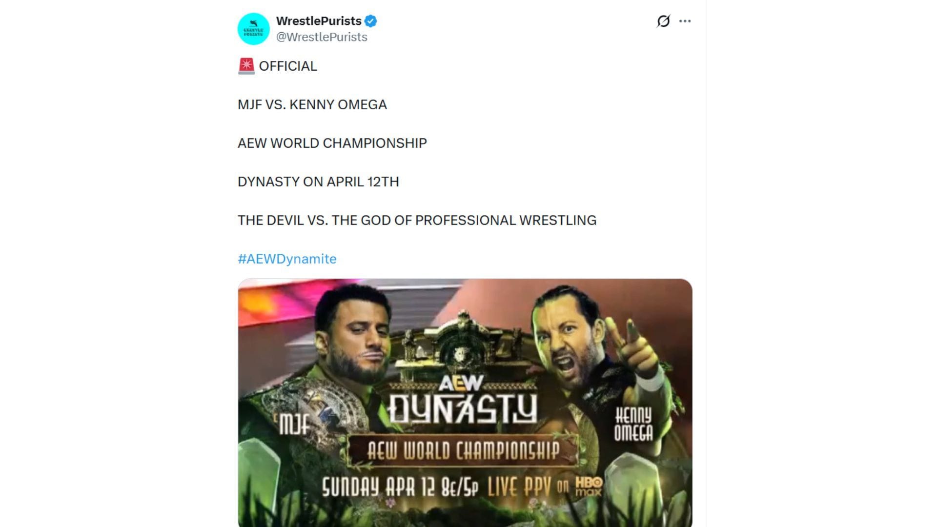 Match graphic for Maxwell Jacob Friedman vs Kenny Omega at Dynasty (Image via X @WrestlePurists)