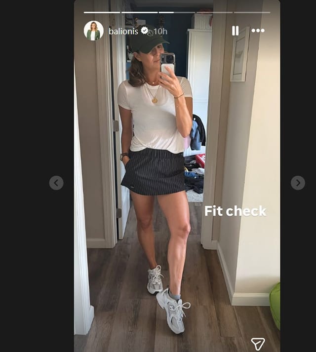 Amanda Balionis styles $98 striped black skirt with white tee in latest outing/@balionis