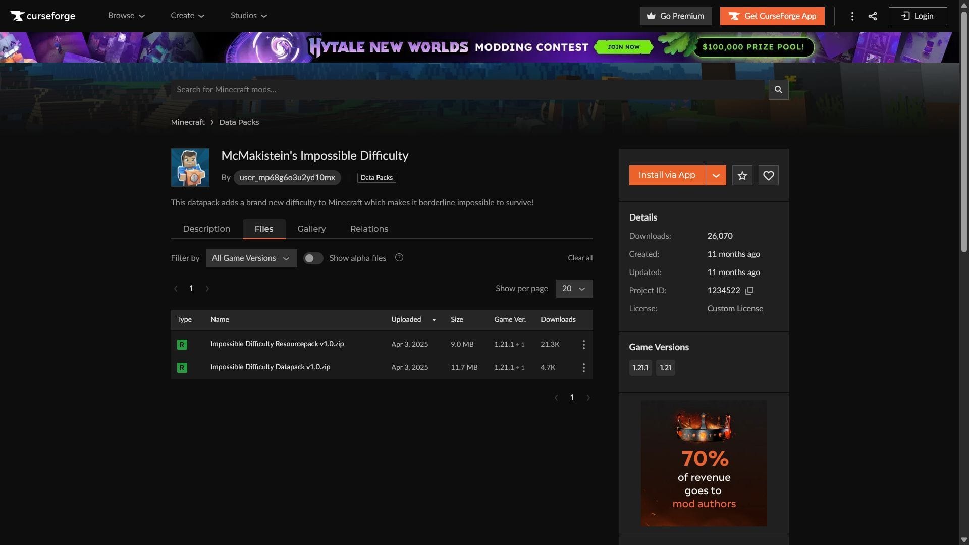 Both the Impossible Difficulty datapack and resourcepack need to be installed (Image via CurseForge/McMakistein)