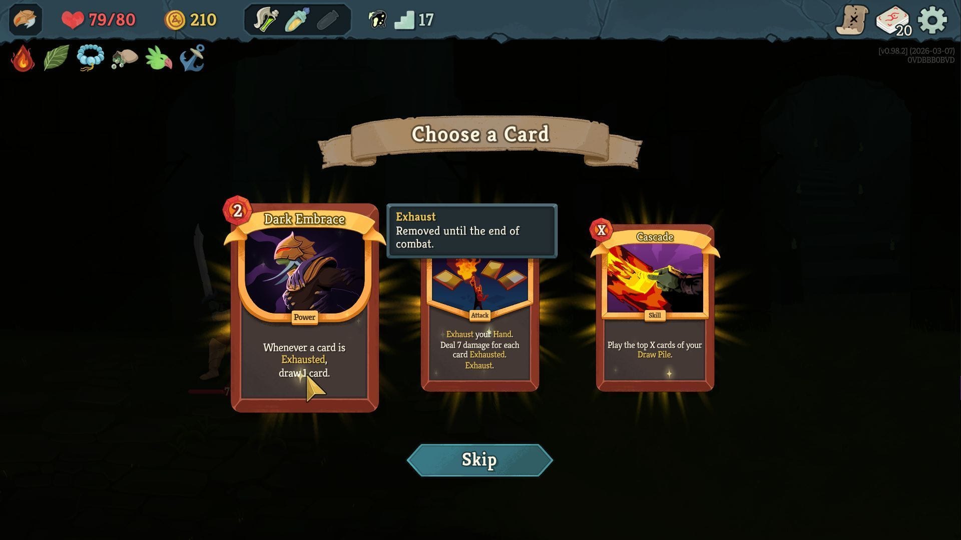 Use Dark Embrace for the Exhaust build (Image via Mega Crit)