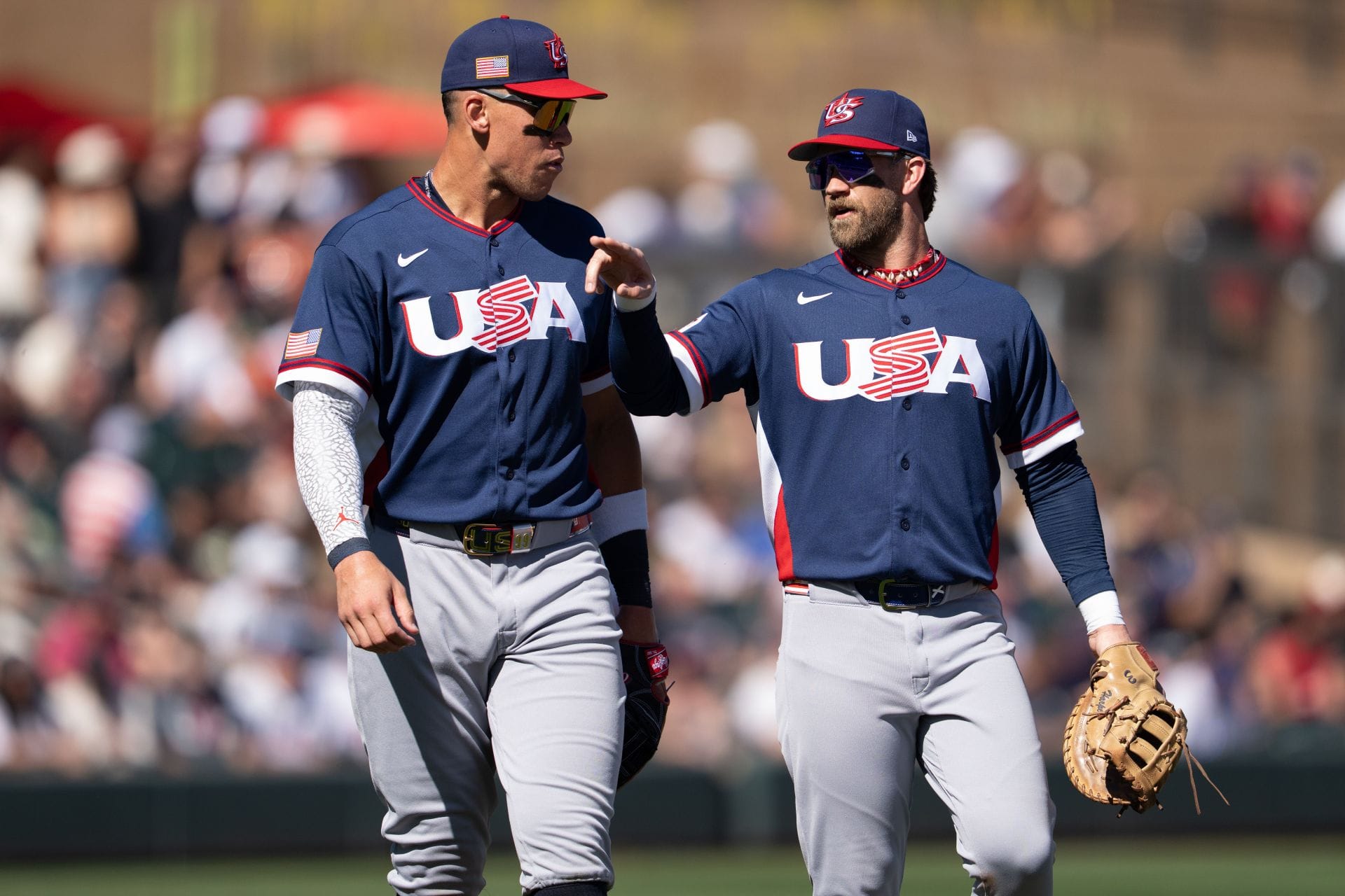 Aaron Judge (L) and Bryce Harper (R) in action for team USA - Source: Getty