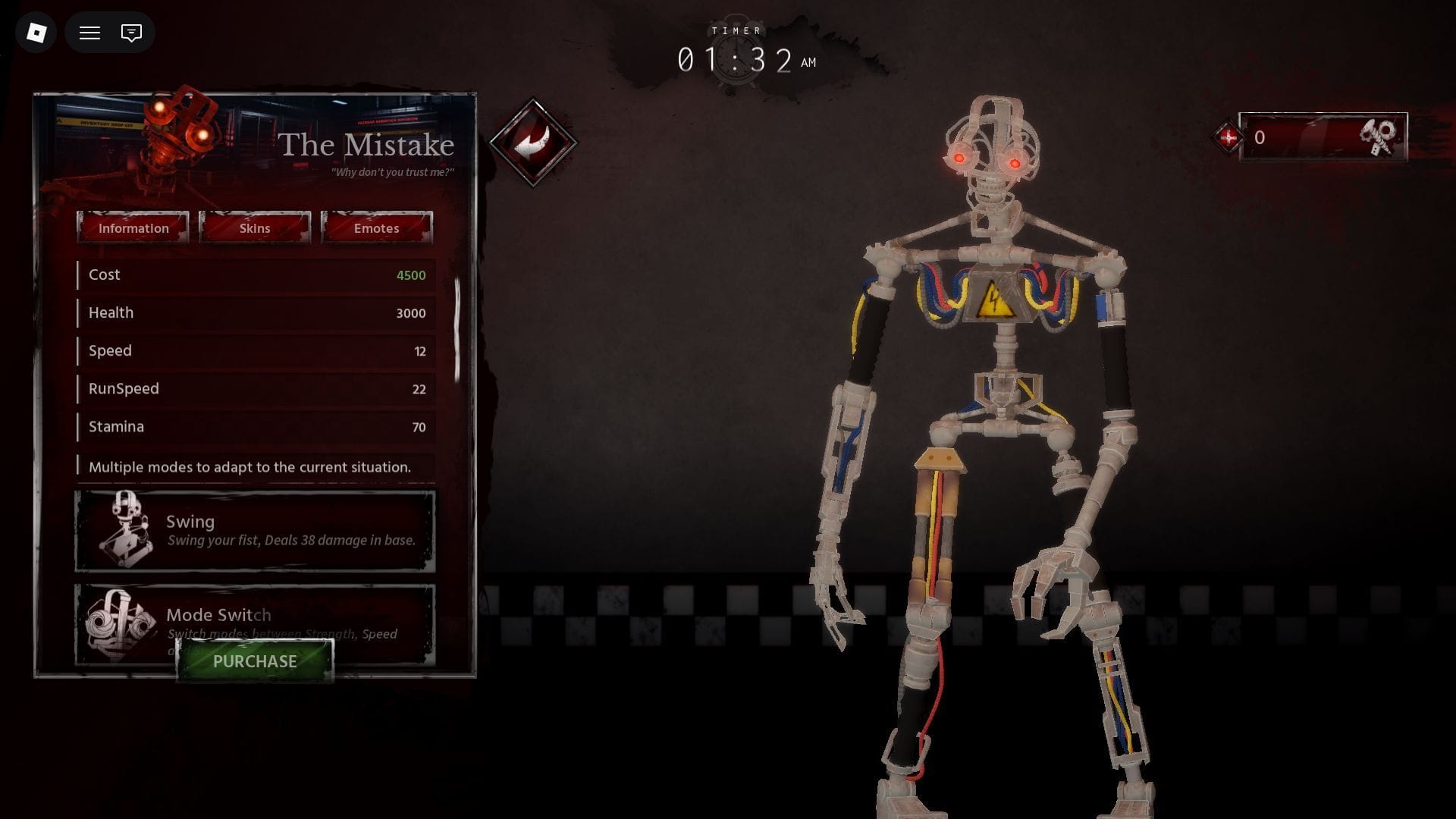 The Mistake utilizes its three modes to alter its stats and abilities (Image via Roblox)