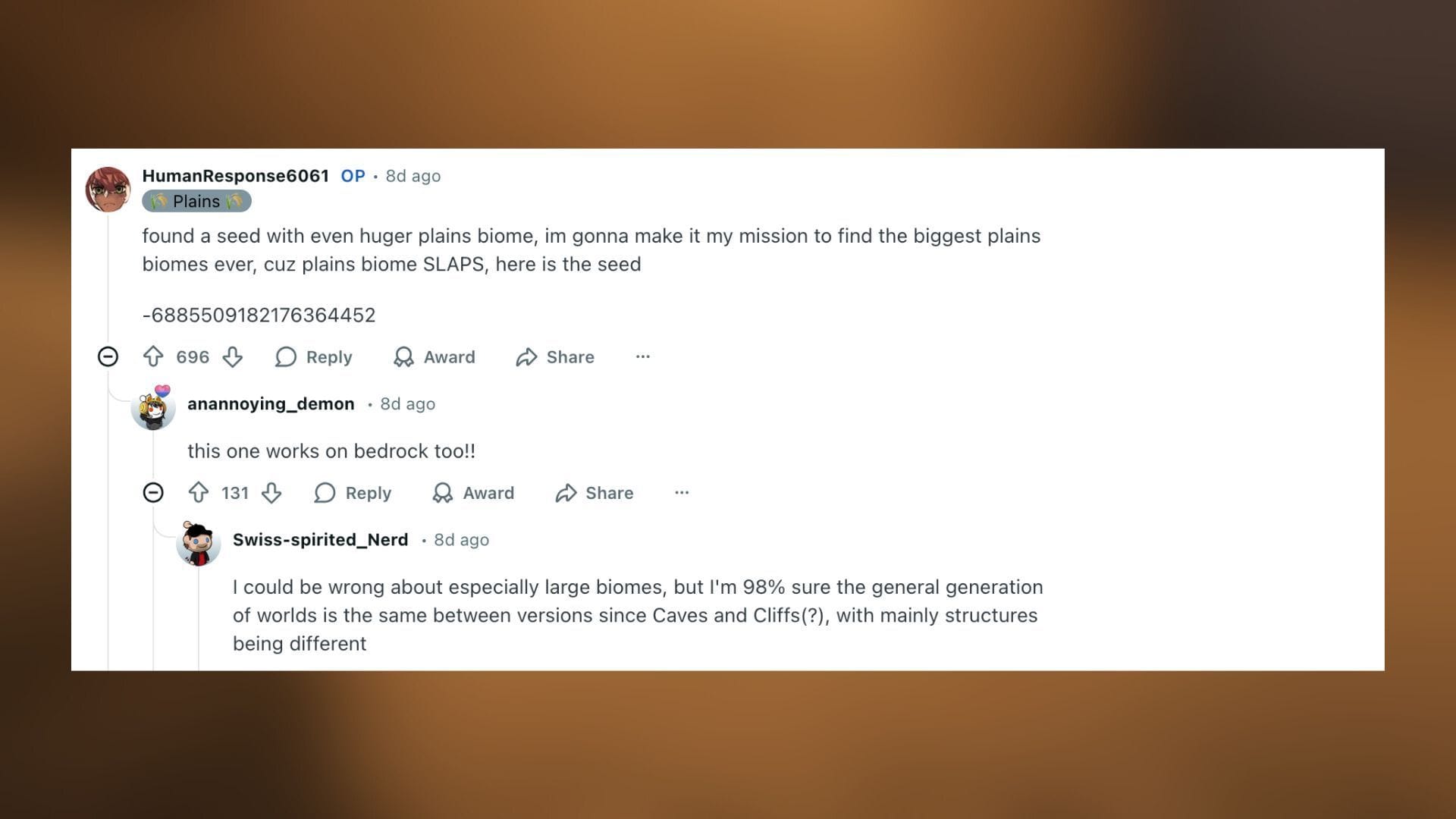 Reddit users react to the large plains biome (image from Reddit)