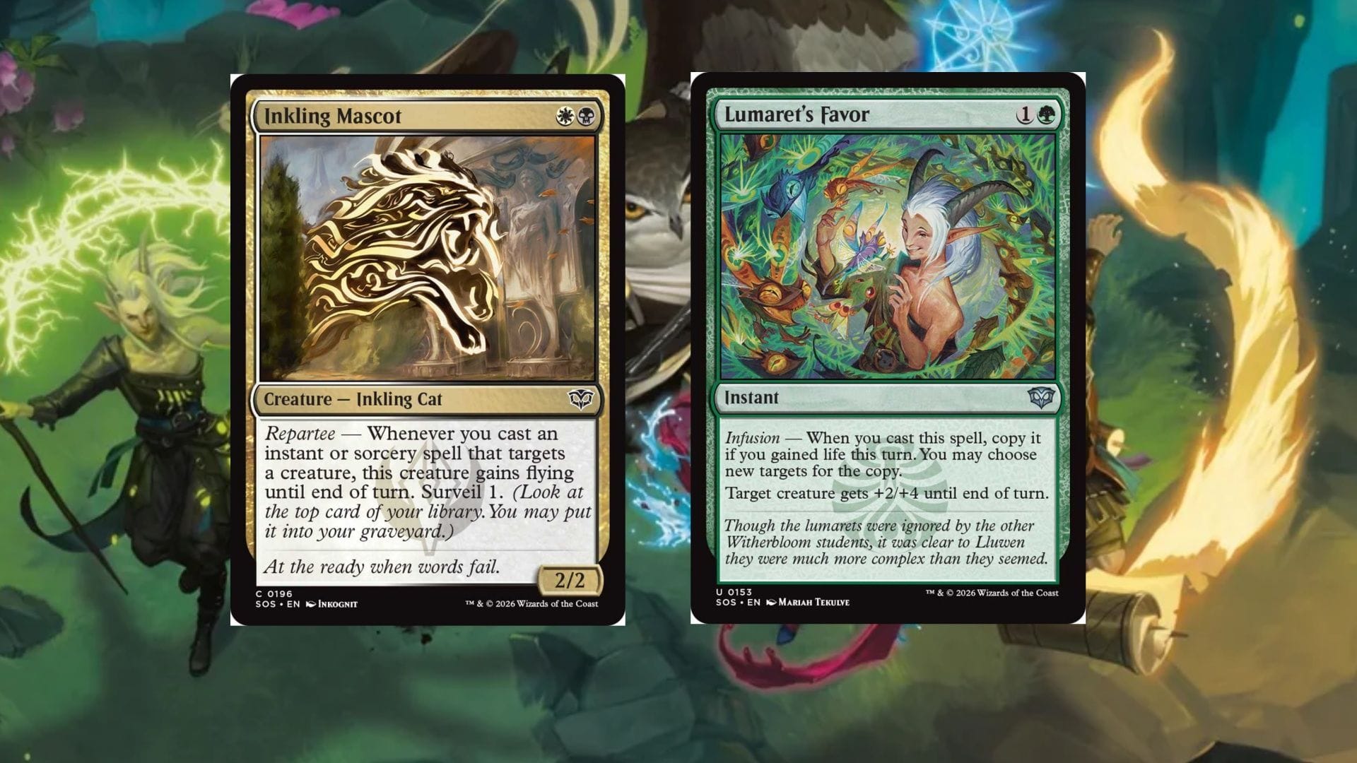 Left: Inkling Mascot. Right: Lumaret's Favor (Image via Wizards of the Coast)