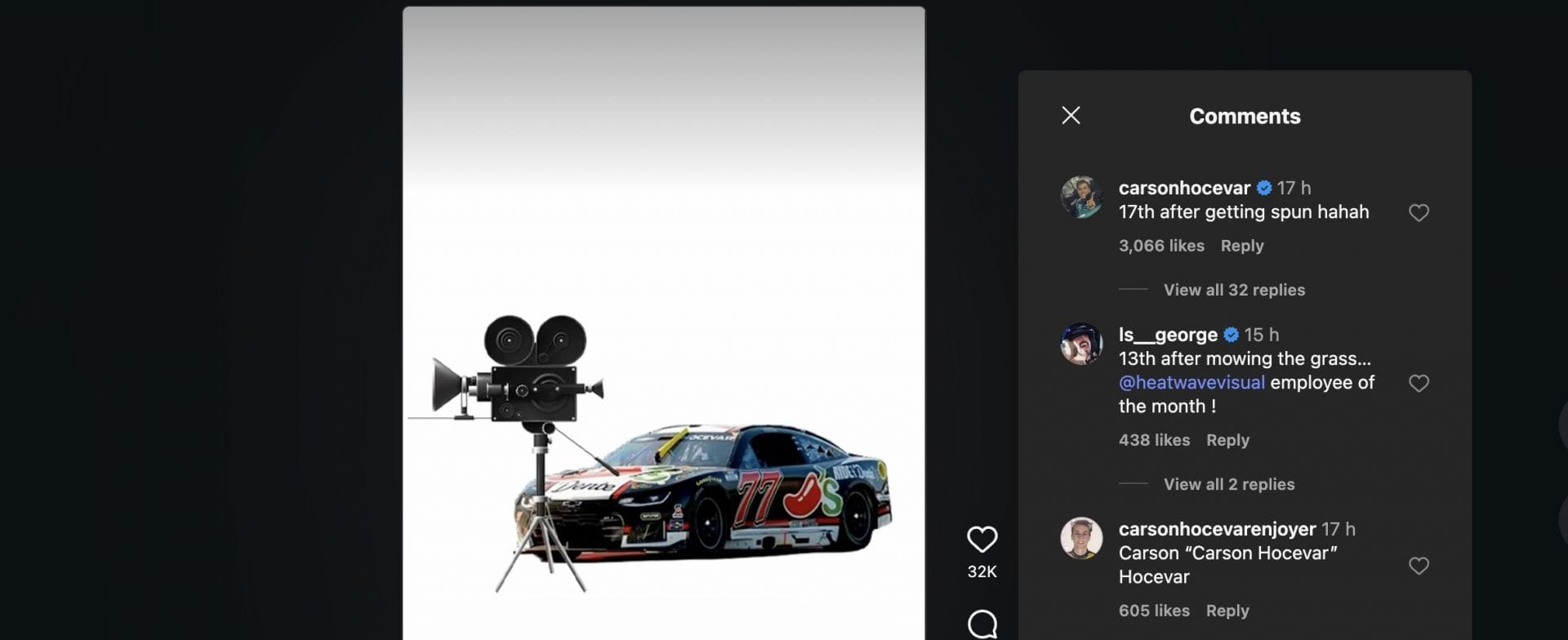 Carson Hocevar's post on Instagram. Image: Screenshot via Instagram/@carsonhocevar